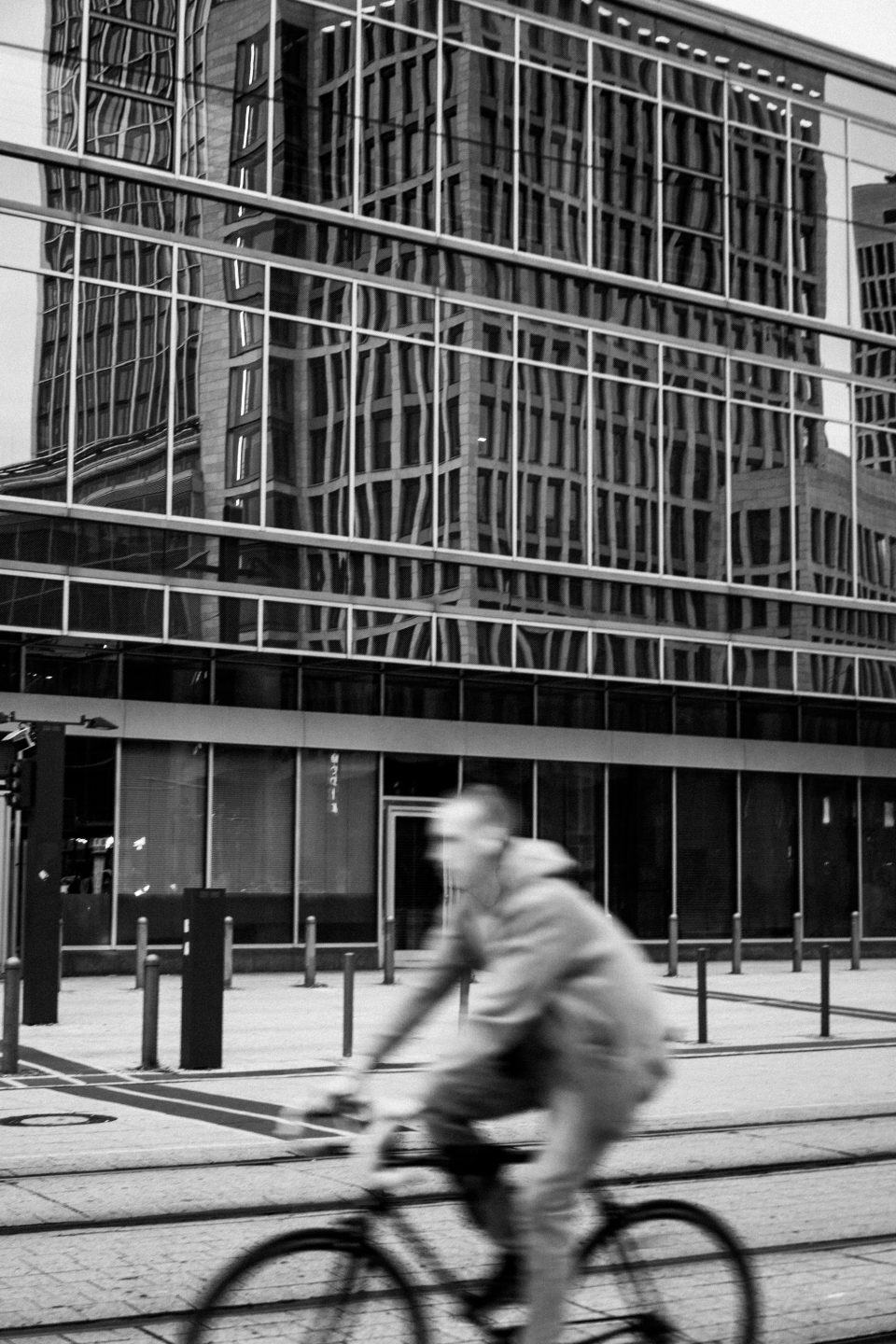 A black and white image of a corporate building