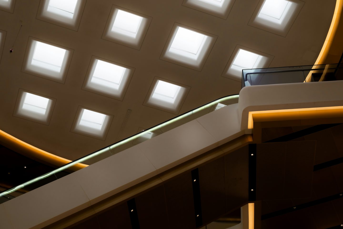 An abstract image of a buildings ceiling and top floor